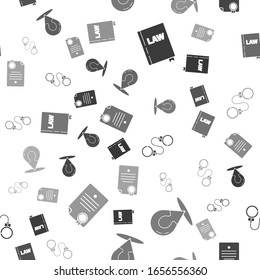 Legen Sie das Buch "Gesetz", Kartenzeichen mit einer Silhouette einer Person, Handschellen und Zertifikatsvorlage auf nahtlosen Mustern fest. Vektorillustration