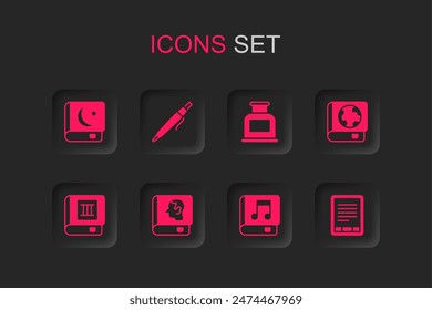 Set Law book, Pen, Holy of Koran, Audio, Earth globe and, E-Book reader, Inkwell and  icon. Vector