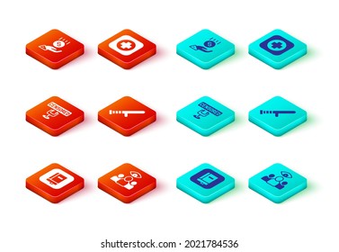 Set Law book, Spy, agent, Censored stamp, Police rubber baton, Hospital signboard and Coins hand - minimal wage icon. Vector