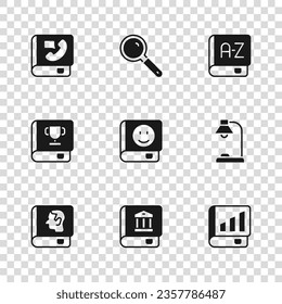 Set Law book, Table lamp, Financial, Book, Translator, Phone, Magnifying glass and  icon. Vector