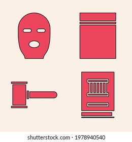 Set Law book, Thief mask, Plastic bag with ziplock and Judge gavel icon. Vector