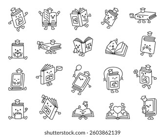 Set of law books with graduation caps, judge hammers, and various expressions, featuring reading, studying, holding objects like a smartphone, envelope, representing justice, education