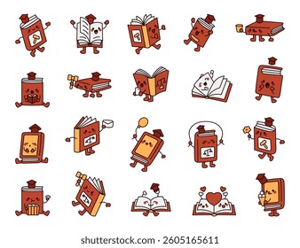 Set of law books with graduation caps, judge hammers, and various expressions, featuring reading, studying, holding objects like a smartphone, envelope, representing justice, education