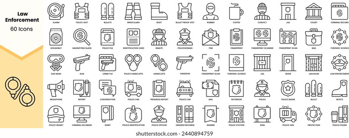 Set of law enforcement icons. Simple line art style icons pack. Vector illustration