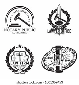 Conjuntos de emblemas de la firma de abogados, emblemas de la agencia de abogados o del notario, emblemas de tipografía de tribunales vintage, Vector