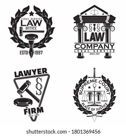 Conjuntos de emblemas de la firma de abogados, emblemas de la agencia de abogados o del notario, emblemas de tipografía de tribunales vintage, Vector