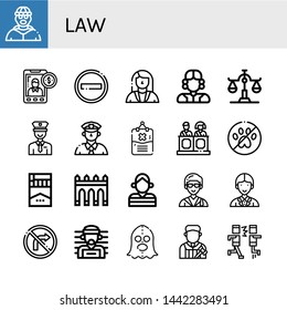 Set of law icons such as Burglar, Accounting, No entry, Lawyer, Judge, Scale, Policeman, Cop, Rules, Jury, No pets, Cigarette, Aguas livres, Prisoner, Officer, No turn right , law