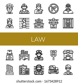 Set of law icons. Such as Cop, Police officer, Riot police, Prisoner, Policeman, Police station, No turn right, Balance, Burglar, Jail, Scale, Column, Corruption, Accounting , law icons