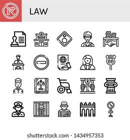 Set Of Law Icons Such As No Turn Right, Stamp, Police Station, Stop Sign, Lawyer, Corruption, Eyewitness, No Entry, Justice, Road Sign, Security Guard, Law Book, Wheelchair , Law