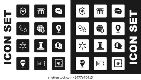 Set Law, International law, Handcuffs, Police badge, Location, pillar,  and Hexagram sheriff icon. Vector