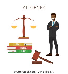 Set of law and justice elements. Legal advice services. Confident african american lawyer with scale, hammer and lawbooks. Successful male notary or attorney. Legal consultation. Vector illustration