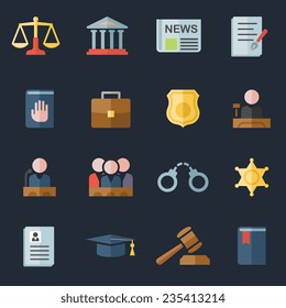 Set of  law and justice flat icons with a judge gavel lawyer mortarboard hat scales court jury sheriffs star law books briefcase scribe and lock for a prison