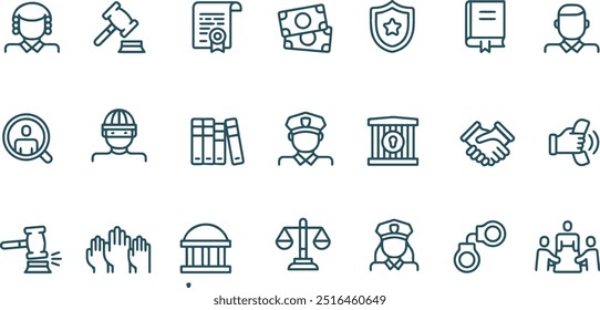 Satz von Recht und Gerechtigkeit Symbol, Vektorliniendesign, Polizei-Symbol
