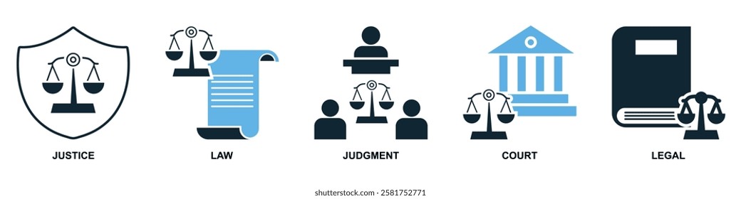 set of law and justice icon vector, featuring scales of justice, a gavel, courthouse for law firms, judiciary, legal services, and regulations