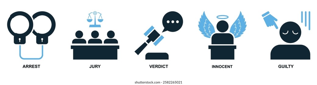 set of law and justice icon vector, featuring scales of justice, a gavel, courthouse for law firms, judiciary, legal services, and regulations