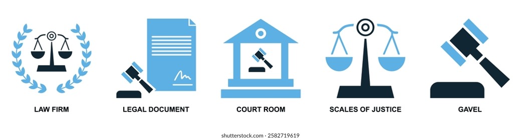 set of law and justice icon vector, featuring scales of justice, a gavel, courthouse for law firms, judiciary, legal services, and regulations