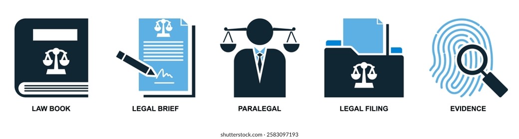 set of law and justice icon vector, featuring scales of justice, a gavel, courthouse for law firms, judiciary, legal services, and regulations