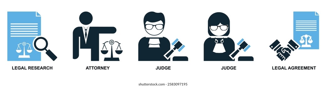 set of law and justice icon vector, featuring scales of justice, a gavel, courthouse for law firms, judiciary, legal services, and regulations