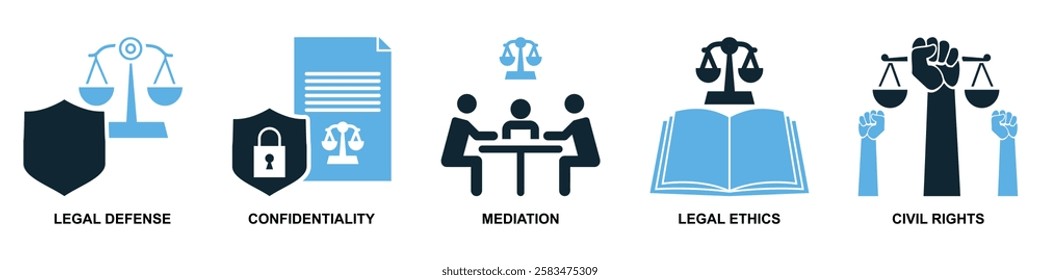 set of law and justice icon vector, featuring scales of justice, a gavel, courthouse for law firms, judiciary, legal services, and regulations