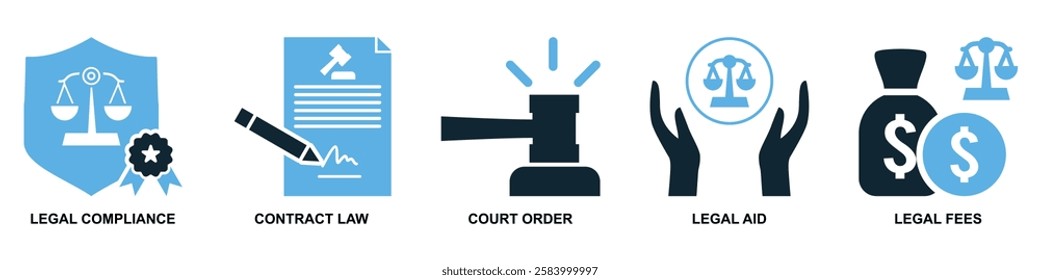 set of law and justice icon vector, featuring scales of justice, a gavel, courthouse for law firms, judiciary, legal services, and regulations