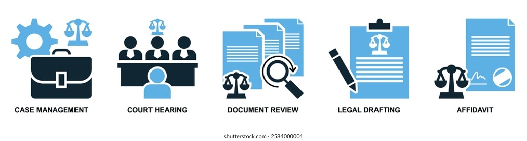 set of law and justice icon vector, featuring scales of justice, a gavel, courthouse for law firms, judiciary, legal services, and regulations