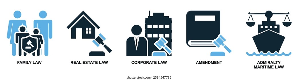 set of law and justice icon vector, featuring scales of justice, a gavel, courthouse for law firms, judiciary, legal services, and regulations