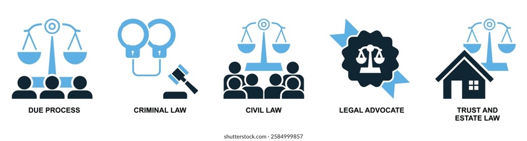 set of law and justice icon vector, featuring scales of justice, a gavel, courthouse for law firms, judiciary, legal services, and regulations