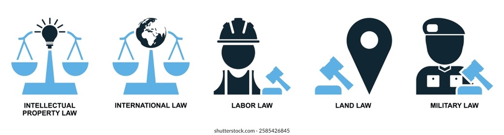 set of law and justice icon vector, featuring scales of justice, a gavel, courthouse for law firms, judiciary, legal services, and regulations