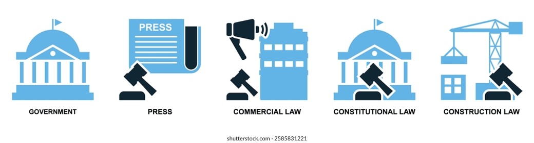 set of law and justice icon vector, featuring scales of justice, a gavel, courthouse for law firms, judiciary, legal services, and regulations