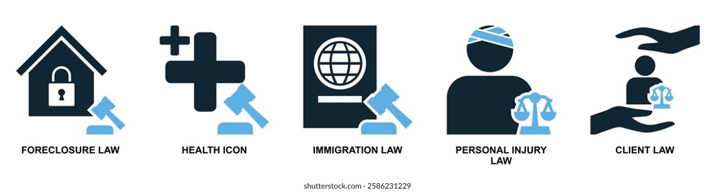 set of law and justice icon vector, featuring scales of justice, a gavel, courthouse for law firms, judiciary, legal services, and regulations