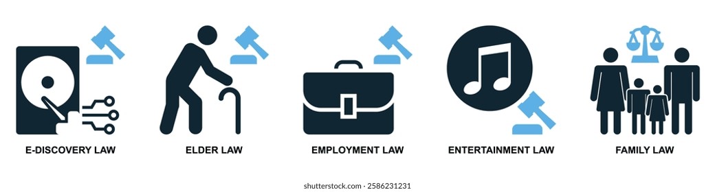 set of law and justice icon vector, featuring scales of justice, a gavel, courthouse for law firms, judiciary, legal services, and regulations