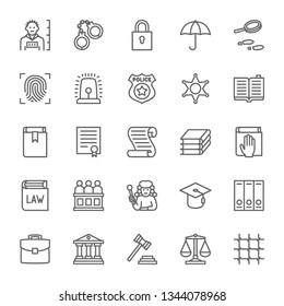 Set of Law and Justice Line Icons. Criminal, Handcuffs, Fingerprint, Police, Constitution, Jury, Judge, Courthouse, Libra and more. Pack of 48x48 Pixel Icons