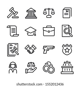 Set Of Law And Justice Line Icons Vector Illustration. Collection Icon Of Legal, Arrest, Authority, Courthouse, Gavel, Weapon And More.