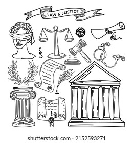 Un conjunto de símbolos de ley y justicia, un doodle estilo dibujo a mano. Justicia. Grecia. Los ojos vendados. Laurel Wreath. Escalas de justicia. Una colección de elementos de dibujos animados adecuados para infografías.