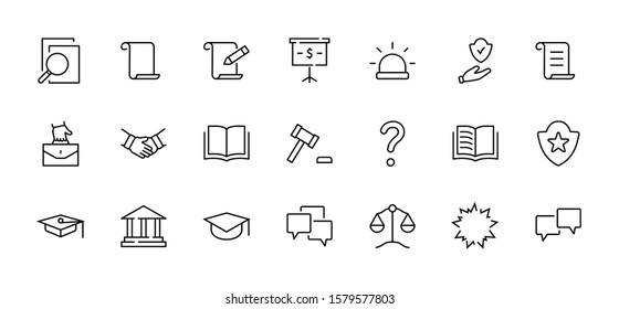 Set of Law and justice Vector Line Icons. Contains such Icons as weapon, arrest, authority, courthouse, gavel, legal, weapon and more. Editable stroke. 32x32 Pixels