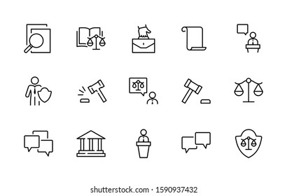 Set of Law and justice Vector Line Icons. Contains such Icons as weapon, arrest, authority, courthouse, gavel, legal, weapon and more. Editable stroke. 32x32 Pixels