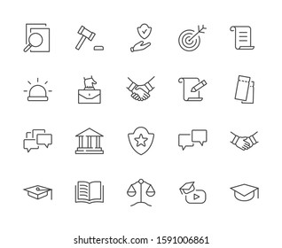 Set of Law and justice Vector Line Icons. Contains such Icons as weapon, arrest, authority, courthouse, gavel, legal, weapon and more. Editable stroke. 32x32 Pixels