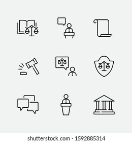 Set of Law and justice Vector Line Icons. Contains such Icons as weapon, arrest, authority, courthouse, gavel, legal, weapon and more. Editable stroke. 32x32 Pixels