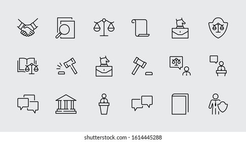 Set of Law and Justice Vektorillustration Line Icons. Enthält solche Symbole wie Waffen, Festnahme, Autorität, Gerichtsbezirk, Handschuh, Recht, Waffen und mehr. Bearbeitbarer Strich. 32 x 32 Pixel