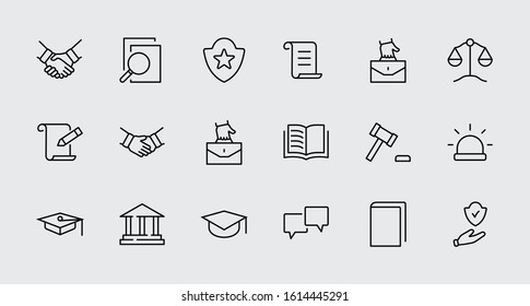 Set of Law and justice Vector Line Icons. Contains such Icons as weapon, arrest, authority, courthouse, gavel, legal, weapon and more. Editable stroke. 32x32 Pixels