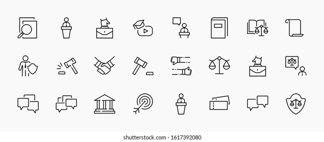 Set of Law and justice Vector Line Icons. Contains such Icons as weapon, arrest, authority, courthouse, gavel, legal, weapon and more. Editable stroke. 32x32 Pixels