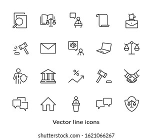Set of Law and justice Vector Line Icons. Contains such Icons as weapon, arrest, authority, courthouse, gavel, legal, weapon and more. Editable stroke. 32x32 Pixels