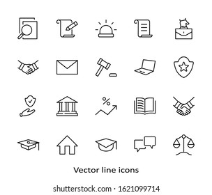 Set of Law and justice Vector Line Icons. Contains such Icons as weapon, arrest, authority, courthouse, gavel, legal, weapon and more. Editable stroke. 32x32 Pixels