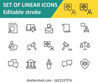 Set of Law and justice Vector Line Icons. Contains such Icons as weapon, arrest, authority, courthouse, gavel, legal, weapon and more. Editable stroke. 32x32 Pixels.