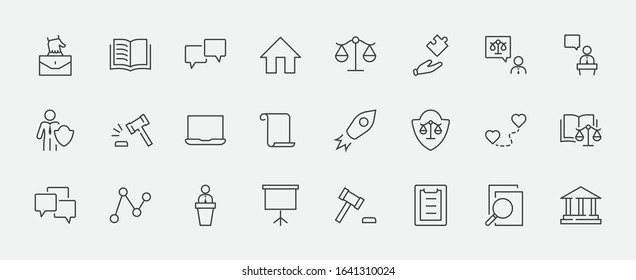 Set of Law and justice Vector Line Icons. Contains such Icons as weapon, arrest, authority, courthouse, gavel, legal, weapon and more. Editable stroke. 32x32 Pixels