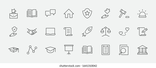 Set of Law and justice Vector Line Icons. Contains such Icons as weapon, arrest, authority, courthouse, gavel, legal, weapon and more. Editable stroke. 32x32 Pixels