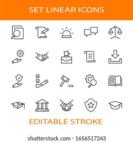 Set of Law and justice Vector Line Icons. Contains such Icons as weapon, arrest, authority, courthouse, gavel, legal, weapon and more. Editable stroke. 32x32 Pixels
