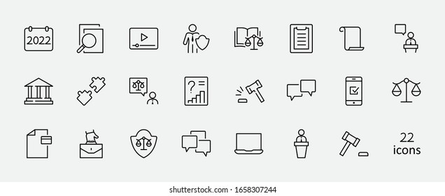 Set of Law and justice Vector Line Icons. Contains such Icons as weapon, arrest, authority, courthouse, gavel, legal, weapon and more. Editable stroke. 32x32 Pixels