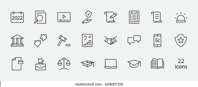 Conjunto de íconos de la Línea de Vectores de Derecho y Justicia. Contiene íconos como armas, arresto, autoridad, corte, gavel, legal, armas y más. Trazo editable. 32 x 32 píxeles