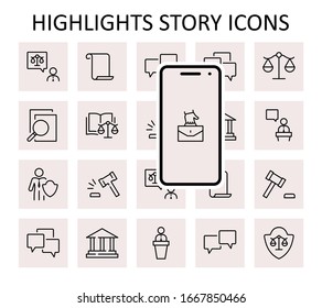 Set of Law and justice Vector Line Icons. Contains such Icons as weapon, arrest, authority, courthouse, gavel, legal, weapon and more. Editable stroke. 32x32 Pixels